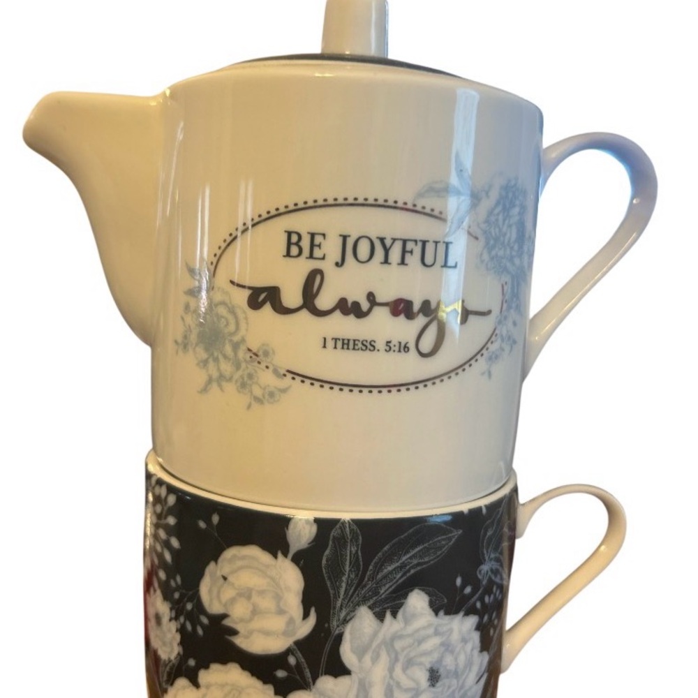 Floral Teapot and Cup Set - White and Black for one - Picture 2 of 2